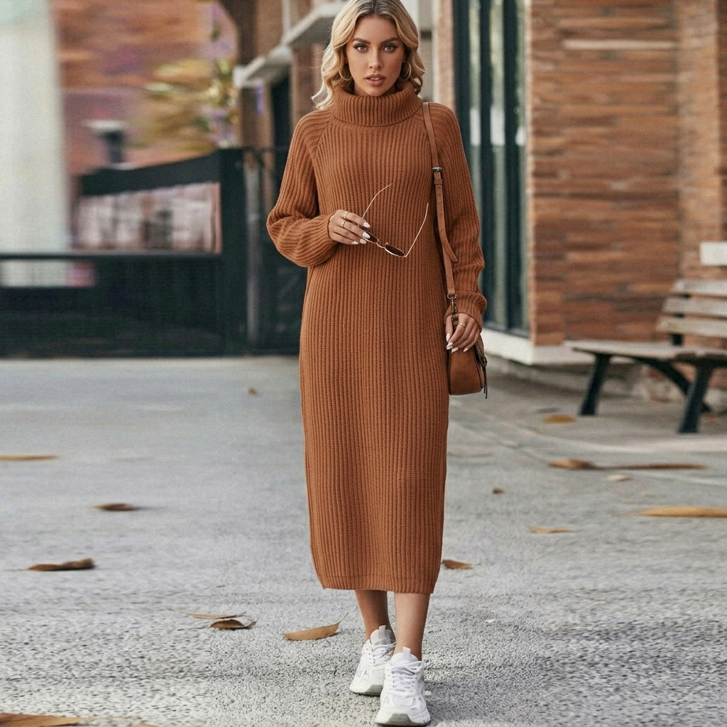 Oversized fit long sleeve knit dress with roll neck, perfect for casual chic winter wear.