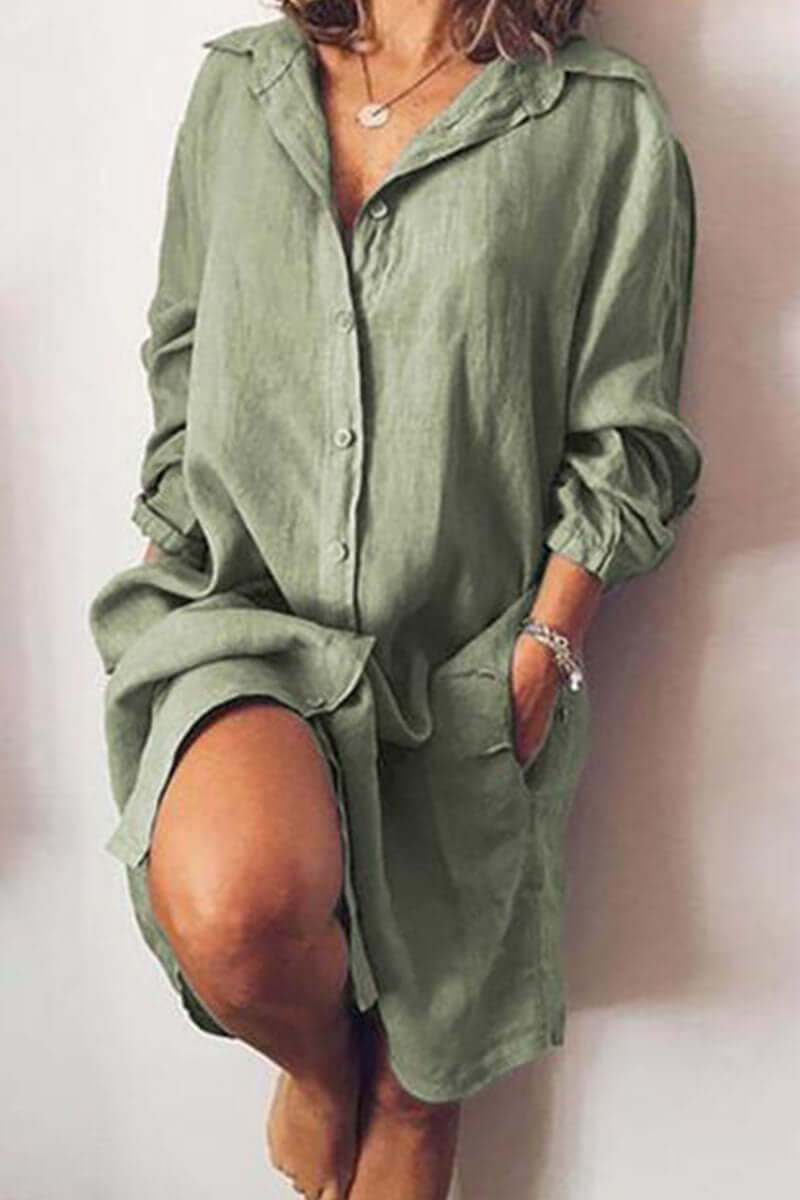 Stylish women's long sleeve polyester shirt dress, knee-length. Versatile everyday fashion for spring & autumn comfort.