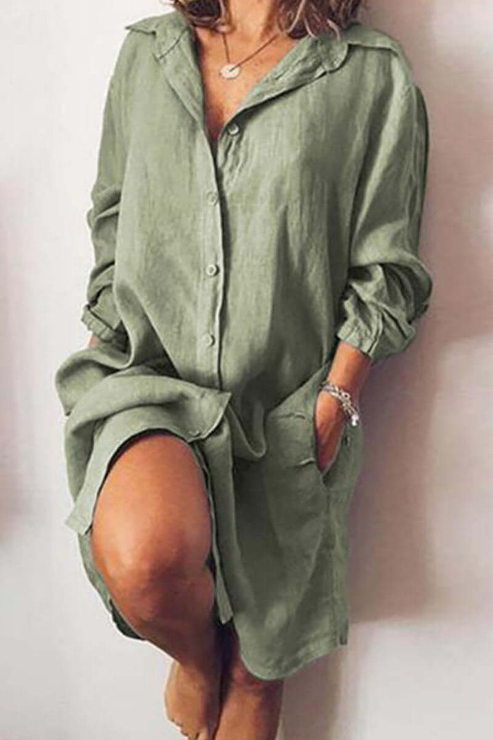 Stylish women's long sleeve polyester shirt dress, knee-length. Versatile everyday fashion for spring & autumn comfort.