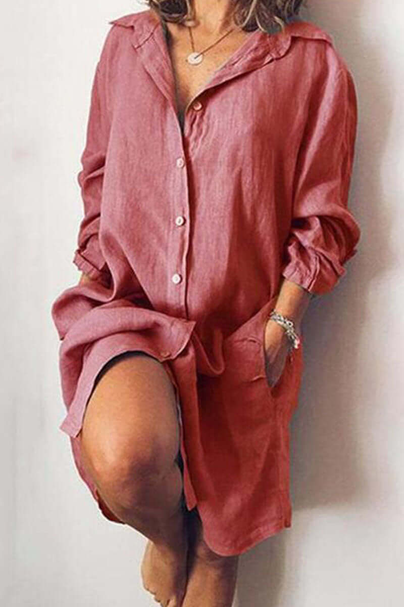 Elegant women's knee-length shirt dress with long sleeves. Versatile women's apparel, ideal for everyday casual fashion.