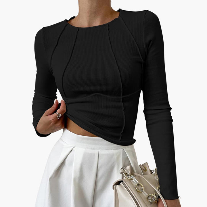 Sculpted seam long sleeve top for women, offering a flattering & stylish everyday fashion. Solid color.