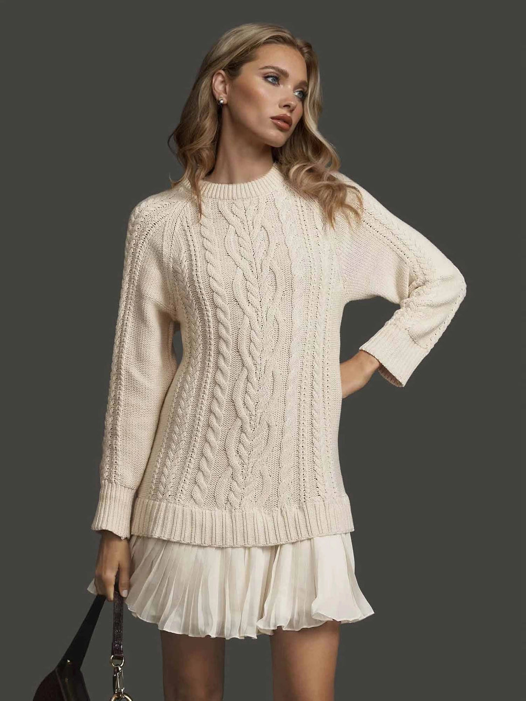 Women's long sleeve winter dress with textured bodice & pleated hem. Elegant & warm for cold weather.
