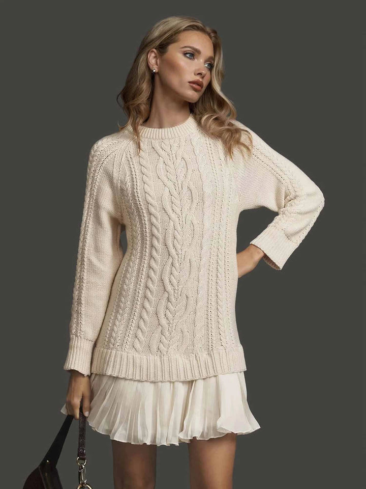 Women's long sleeve winter dress with textured bodice & pleated hem. Elegant & warm for cold weather.