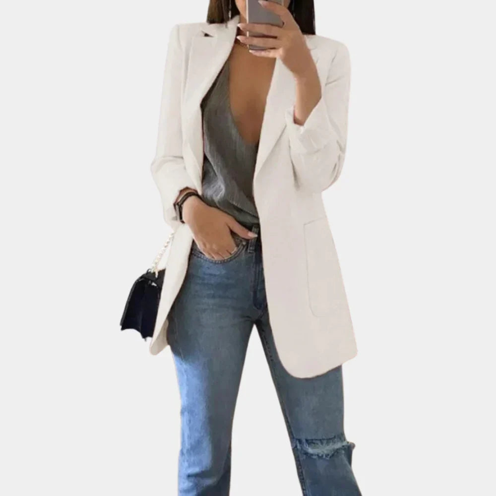 Women's long slim fit blazer, exuding timeless elegance for professional office wear & modern style.