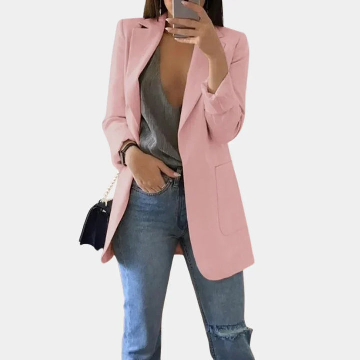 Stylish women's long slim fit blazer jacket, a versatile outerwear piece for elegant professional fashion.