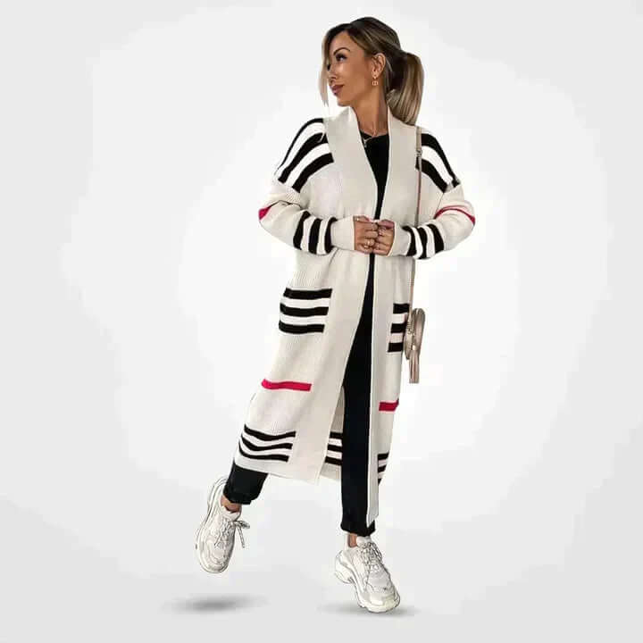 Striped knit cardigan for women. Long, cozy & versatile sweater, perfect for casual chic layering in cooler weather.