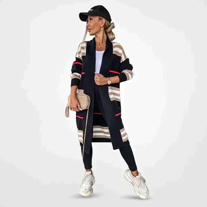 Fashionable women's long striped knit cardigan. Soft, lightweight sweater for versatile casual chic style & warmth.