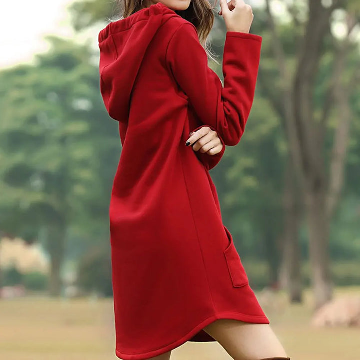 Close-up of a stylish women's long hoodie fabric. Soft, warm material for fall and winter wear.