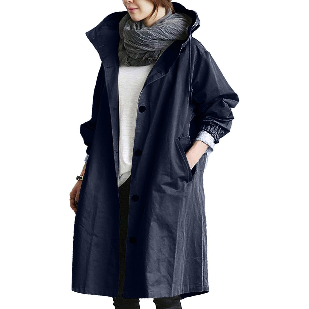 Women's waterproof long rain gear jacket. Features adjustable hood & secure pockets for outdoor adventures.