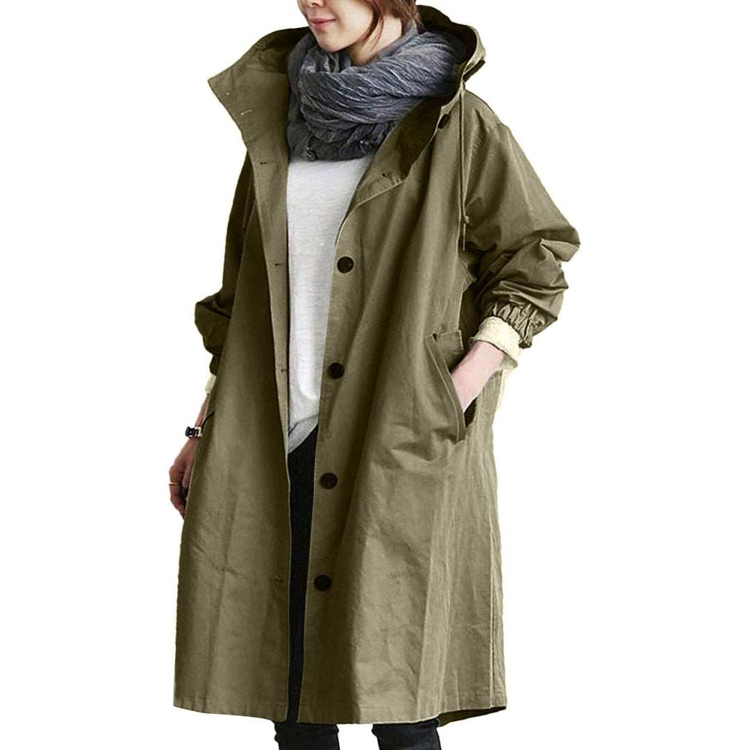 Versatile women's long waterproof jacket for all seasons. Features an adjustable hood, pockets & durable rain protection.