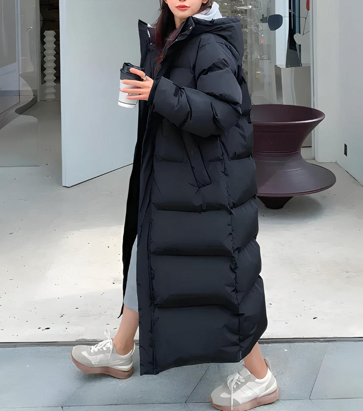 Women's long waterproof & windproof winter parka with hood, ideal for cold weather urban style.