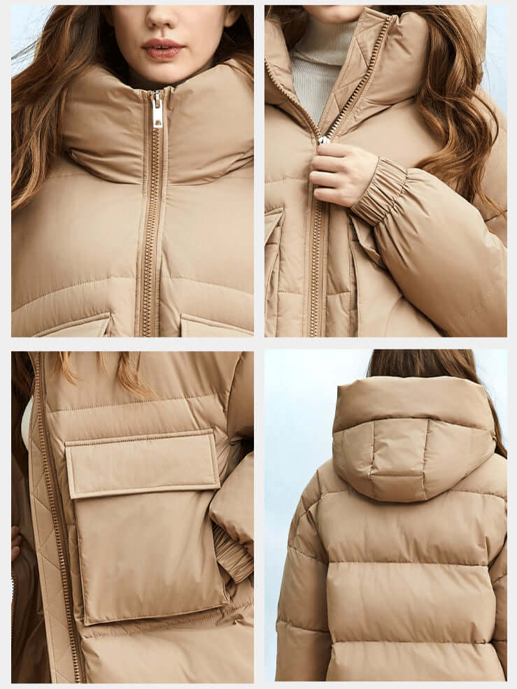 Women's long winter parka-style puffer coat with an attached hood, offering maximum cold weather warmth.