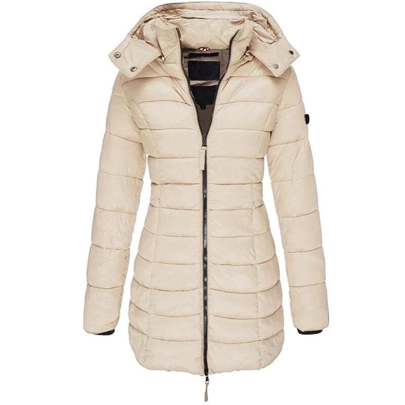Stylish women's long hooded puffer jacket, perfect for winter. Cozy, warm, and covers more for cold weather.