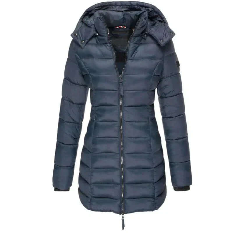 Trendy women's long puffer jacket with hood. Designed for winter fashion, providing warmth and comfort.