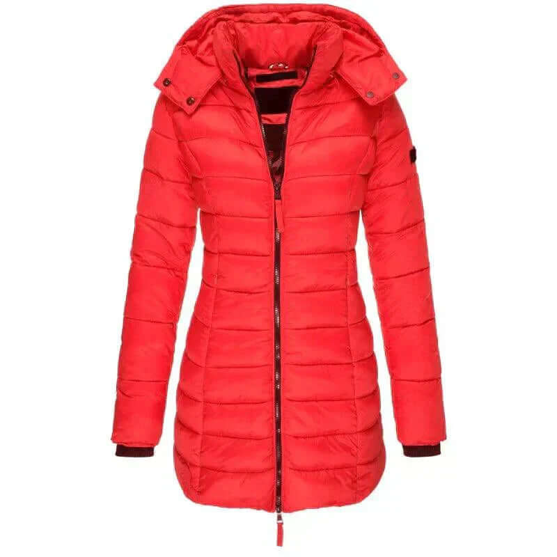 Warm women's long winter puffer coat with hood. Essential cold weather outerwear, offering maximum protection.