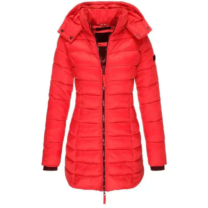 Warm women's long winter puffer coat with hood. Essential cold weather outerwear, offering maximum protection.
