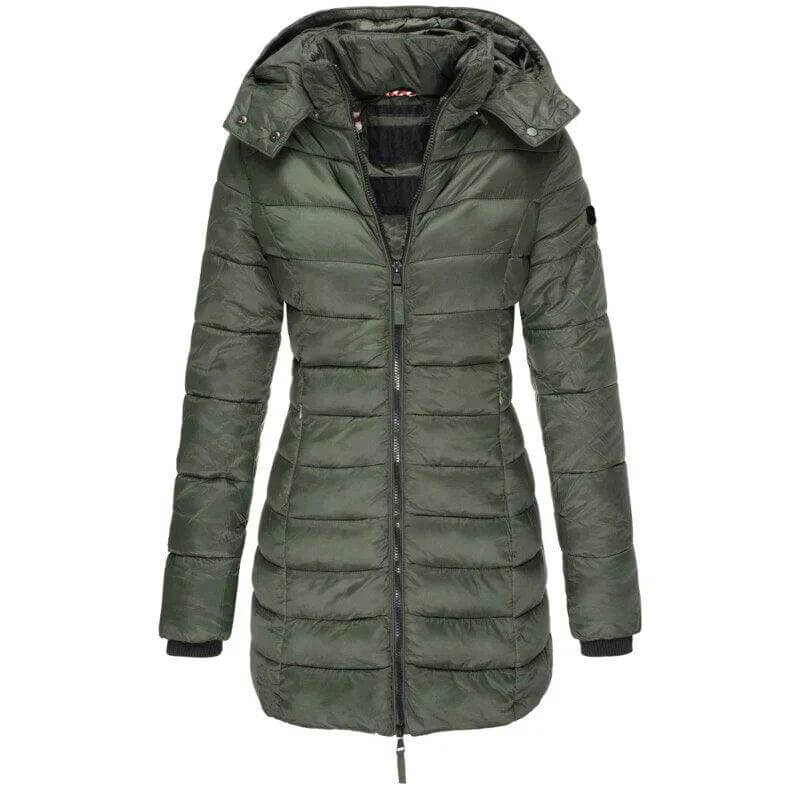 Women's long winter puffer jacket with hood for superior warmth. Ideal outerwear for cold weather fashion.