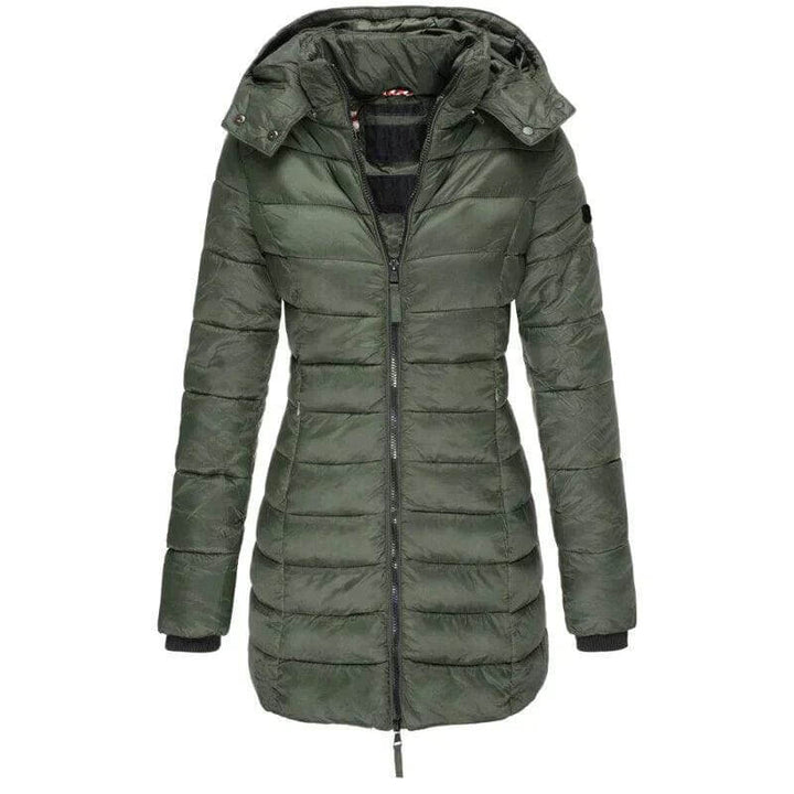 Women's long winter puffer jacket with hood for superior warmth. Ideal outerwear for cold weather fashion.