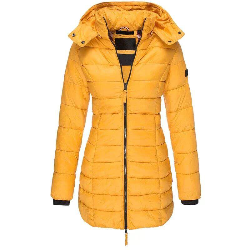 Fashionable women's long hooded puffer coat. Stay warm and stylish in winter with this cozy, insulated jacket.