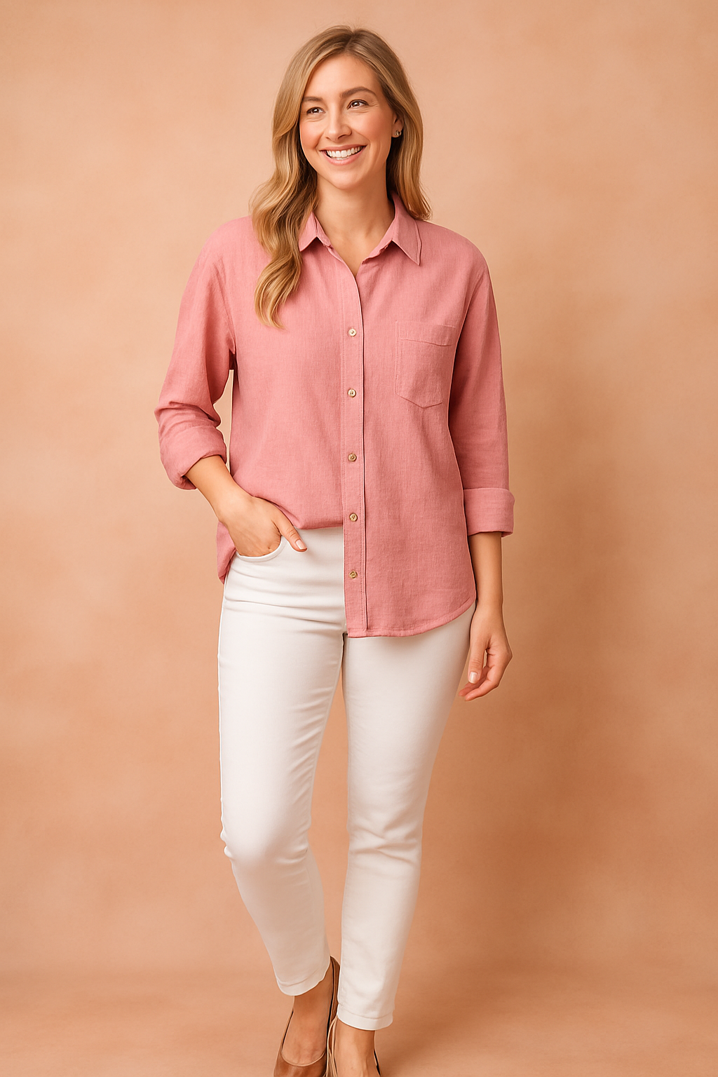 Relaxed women's casual button-up blouse. Loose fit, long sleeves & chest pocket make this top a versatile wardrobe essential.