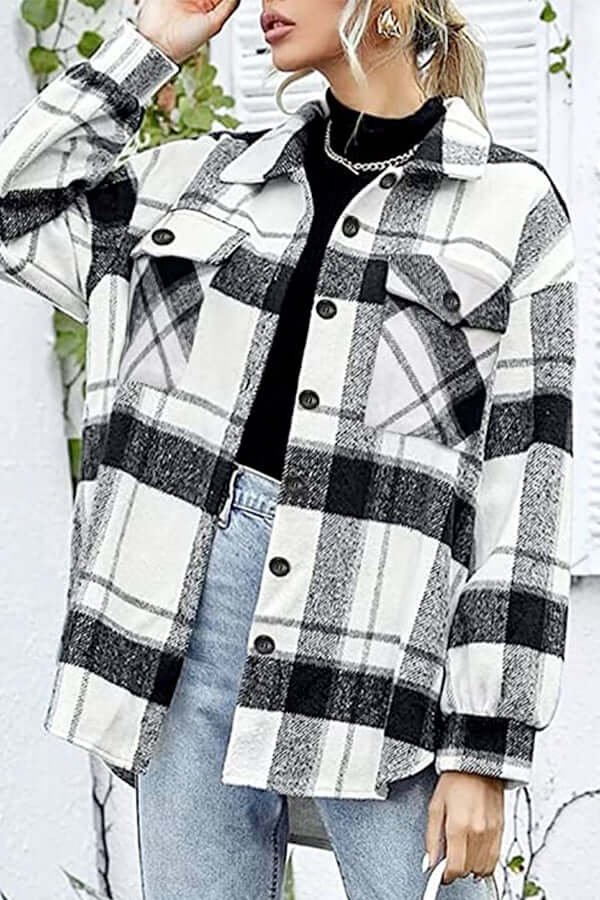 Women's casual checked blouse, loose fit and comfortable long sleeve top. Stylish plaid shirt for everyday fashion.