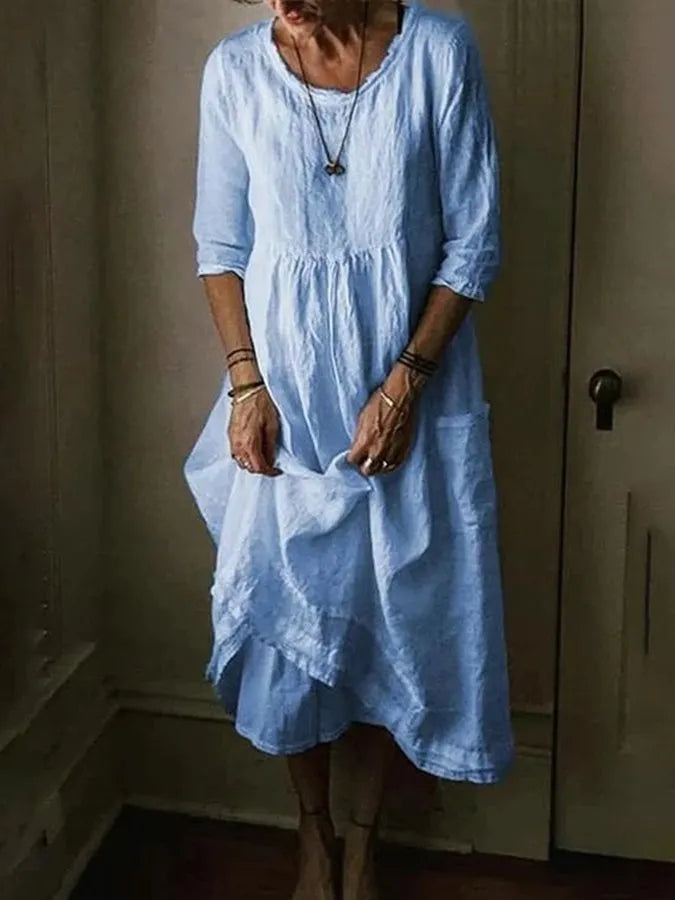 Women's loose fit cotton linen midi dress, effortless casual style for summer & spring, comfortable.
