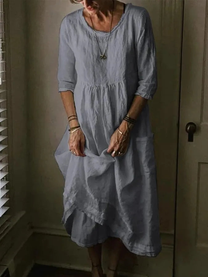 Breathable cotton linen midi dress for women, loose fit for ultimate comfort, ideal casual summer and spring fashion.