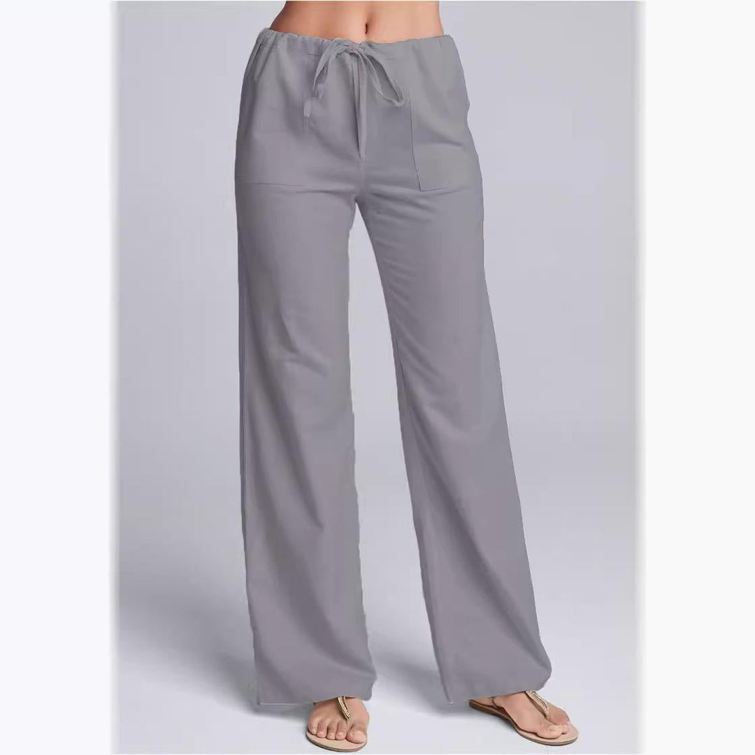 Breathable cotton linen women's pants, loose fit with adjustable drawstring for ultimate casual comfort.