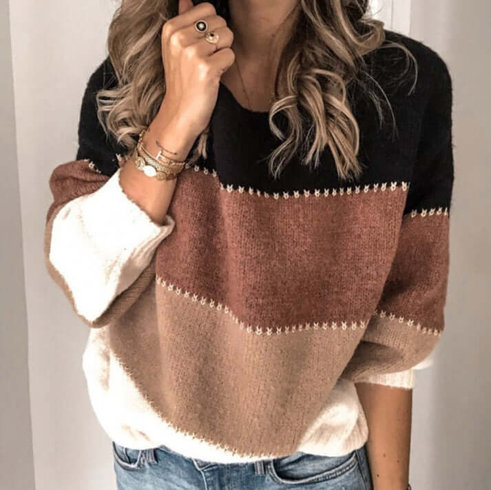 Knitted striped jumper for women, loose fit & cozy. A stylish long sleeve pullover sweater for fall & winter.