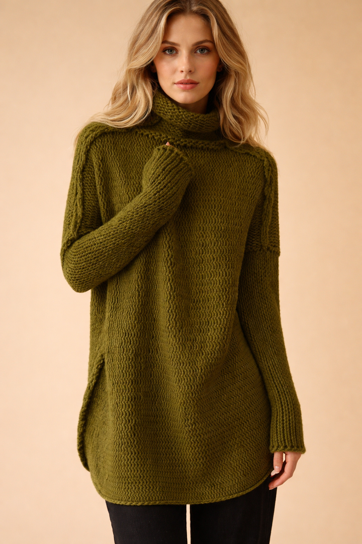 Cozy women's long sleeve turtleneck tunic sweater, ideal for effortless fall fashion and winter warmth.