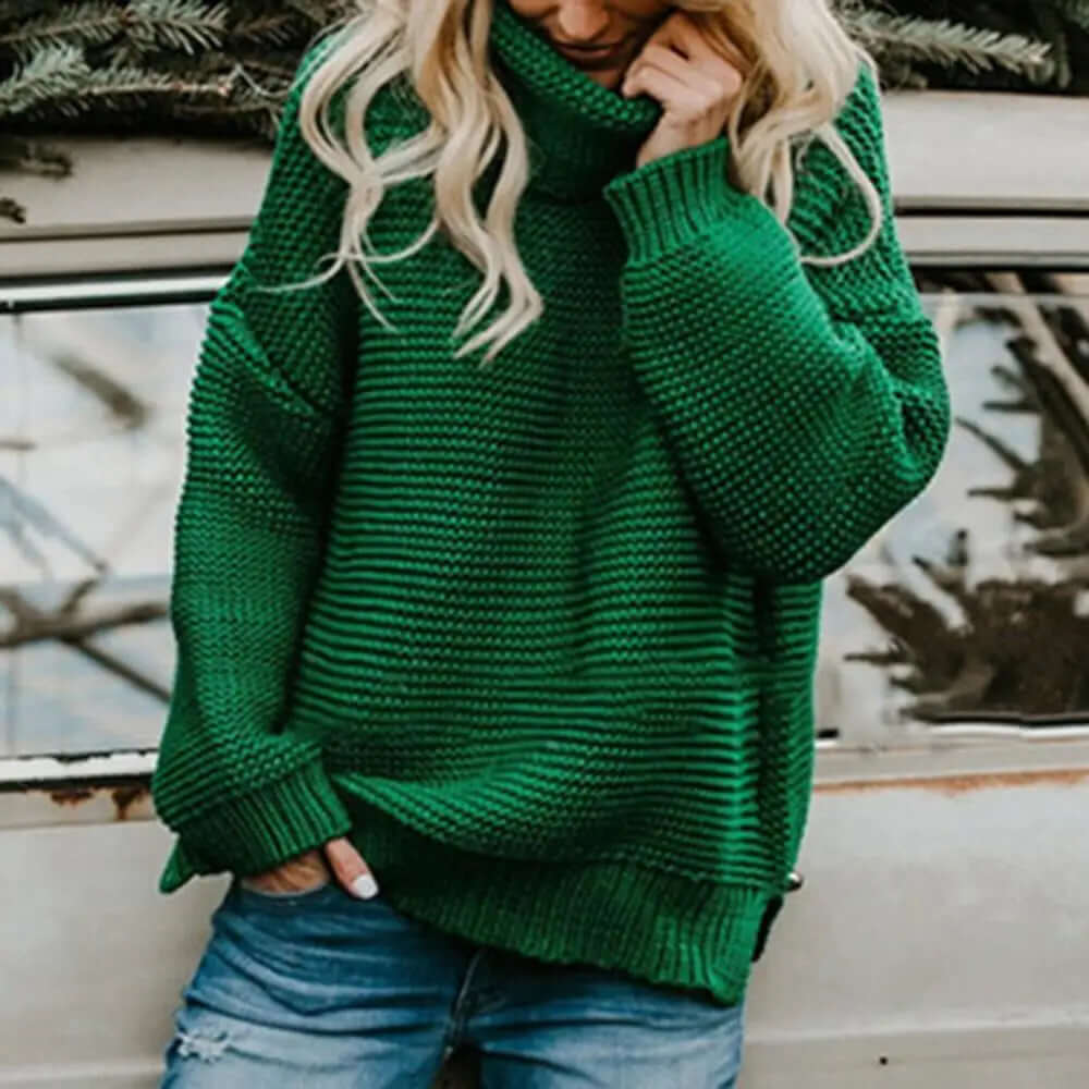 Women's loose roll neck sweater, cozy acrylic pullover, perfect for fall and winter comfort & style.