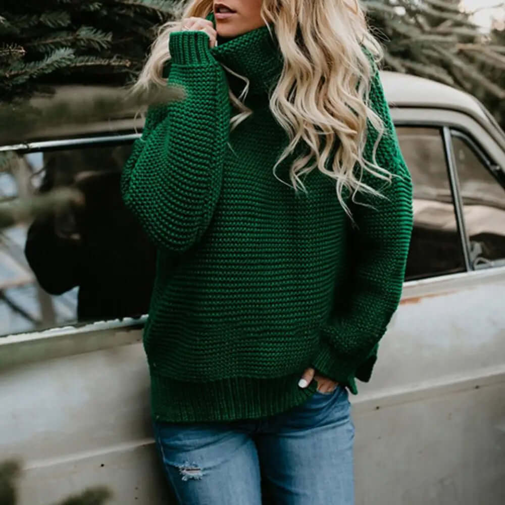 Cozy women's loose roll neck sweater, soft acrylic pullover ideal for comfortable everyday fall & winter fashion.