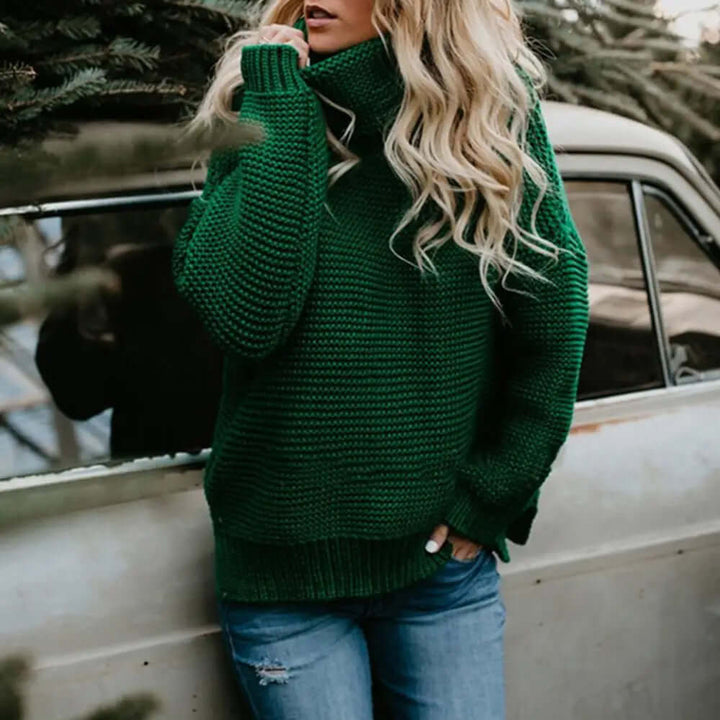 Cozy women's loose roll neck sweater, soft acrylic pullover ideal for comfortable everyday fall & winter fashion.