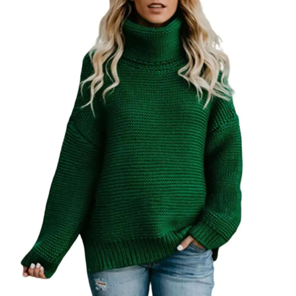 Comfortable women's loose roll neck acrylic sweater, a stylish and cozy turtleneck pullover for cool weather.