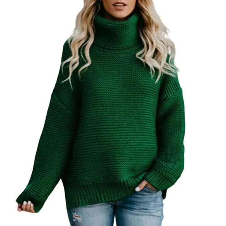Comfortable women's loose roll neck acrylic sweater, a stylish and cozy turtleneck pullover for cool weather.