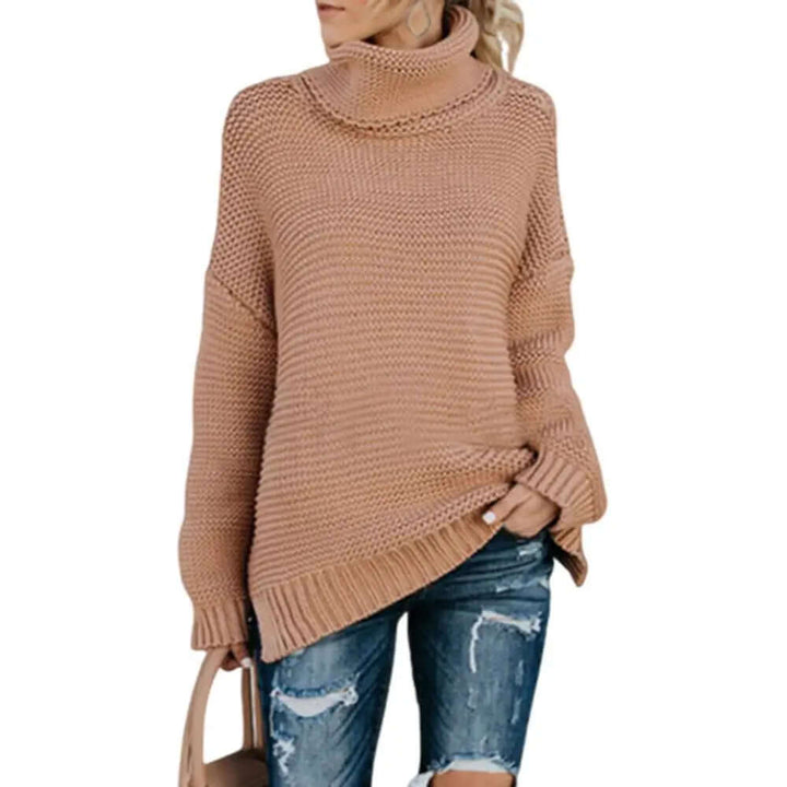 Relaxed women's loose roll neck sweater, a warm & comfortable acrylic turtleneck pullover for cozy fall days.