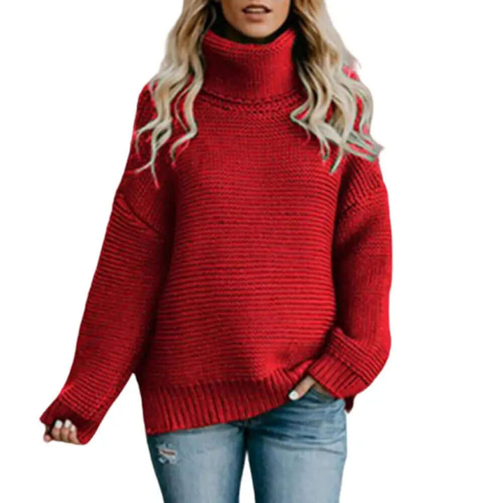 Fashionable women's loose roll neck sweater, a soft acrylic turtleneck pullover for ultimate fall & winter coziness.