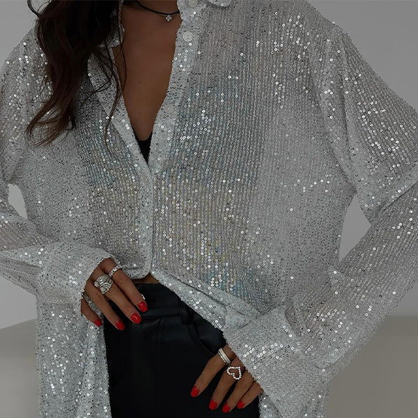 Women's loose sequin party top in sparkling Celeste style; perfect for glamorous evening wear & special occasions.