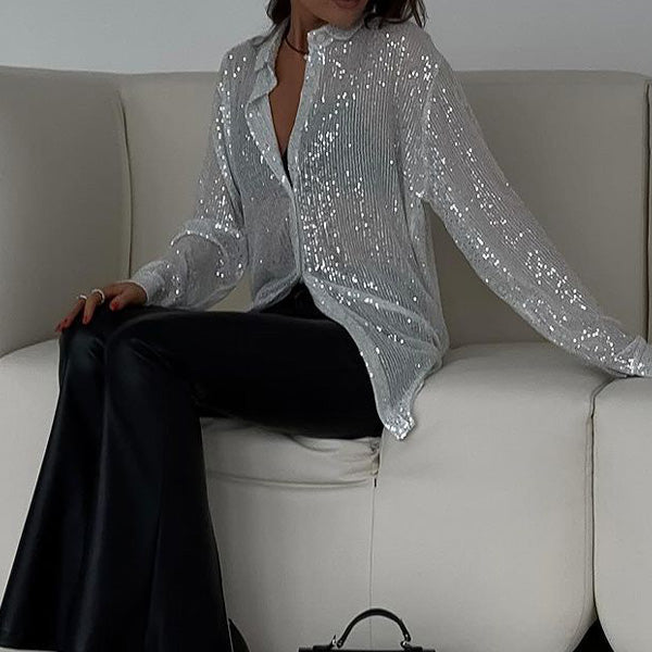 Glamorous women's sequin evening top with sparkle & loose fit; ideal for parties, fashion, & statement looks.