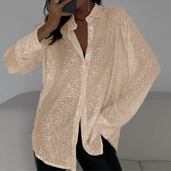 Fashionable women's sequin statement top; a sparkling loose blouse for elegant party wear & special events.