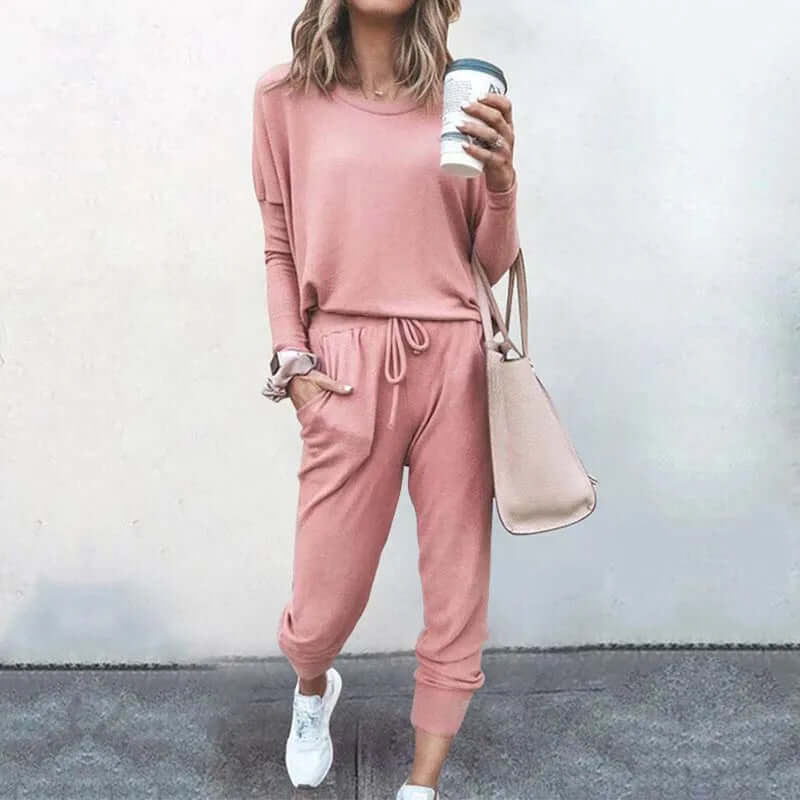 Woman wearing comfortable loose-fit jogger set, perfect for stylish everyday wear.