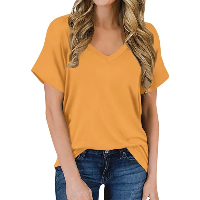 Wardrobe essential women's V-neck tee, casual short sleeve top for versatile everyday wear.