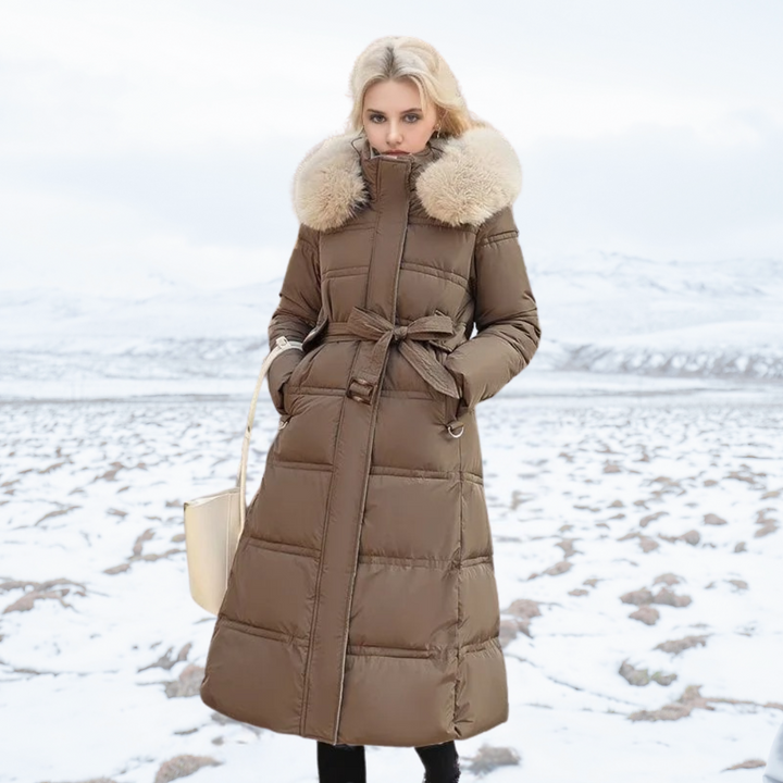 Women's Luxe Faux Fur Winter Coat in a sophisticated neutral shade, perfect for elegant outerwear.
