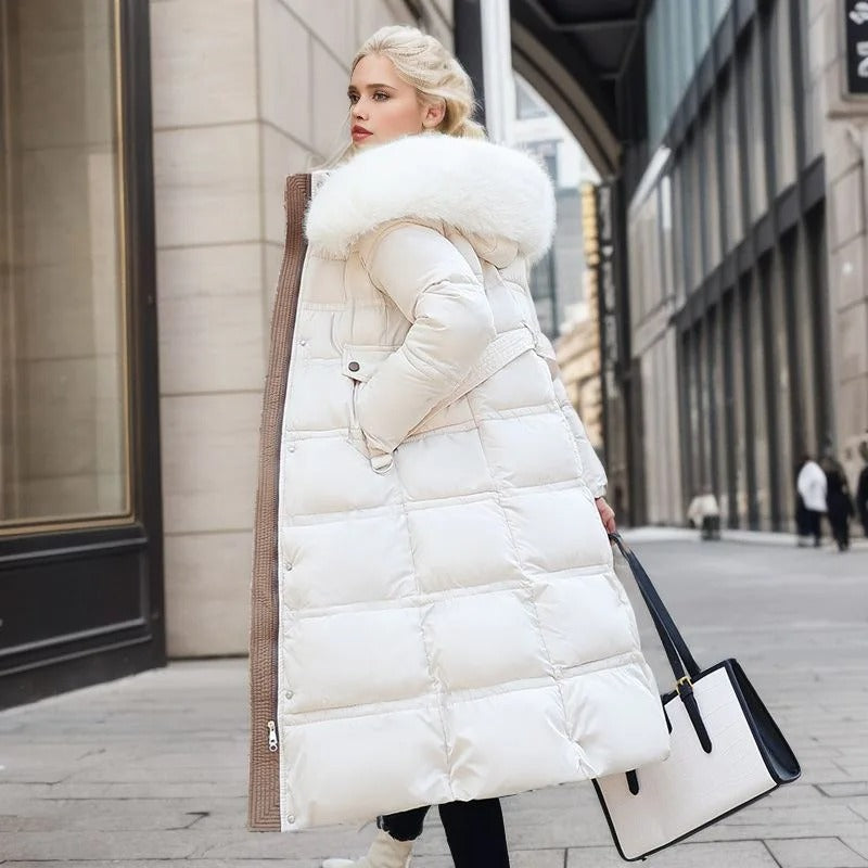 Modern women's faux fur winter coat, blending contemporary style with classic warmth and luxury.