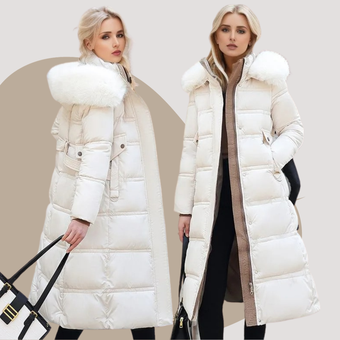 Full-length women's luxe faux fur winter coat, showcasing its elegant design and cozy warmth.