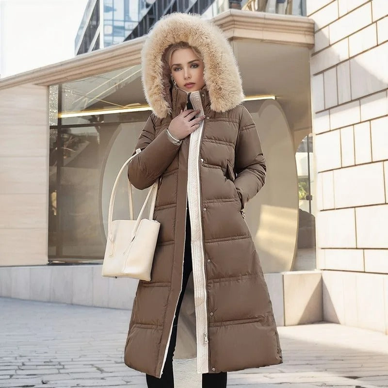 Stylish women's long faux fur coat, offering warmth and a chic look for cold weather fashion.
