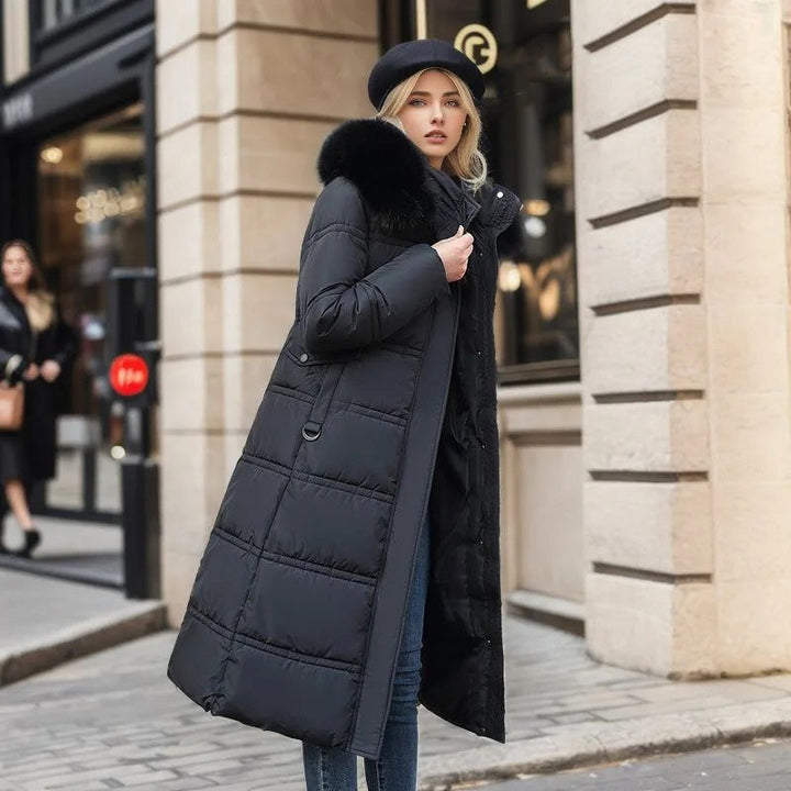 Elegant women's faux fur long coat, a versatile piece for winter apparel and seasonal fashion.