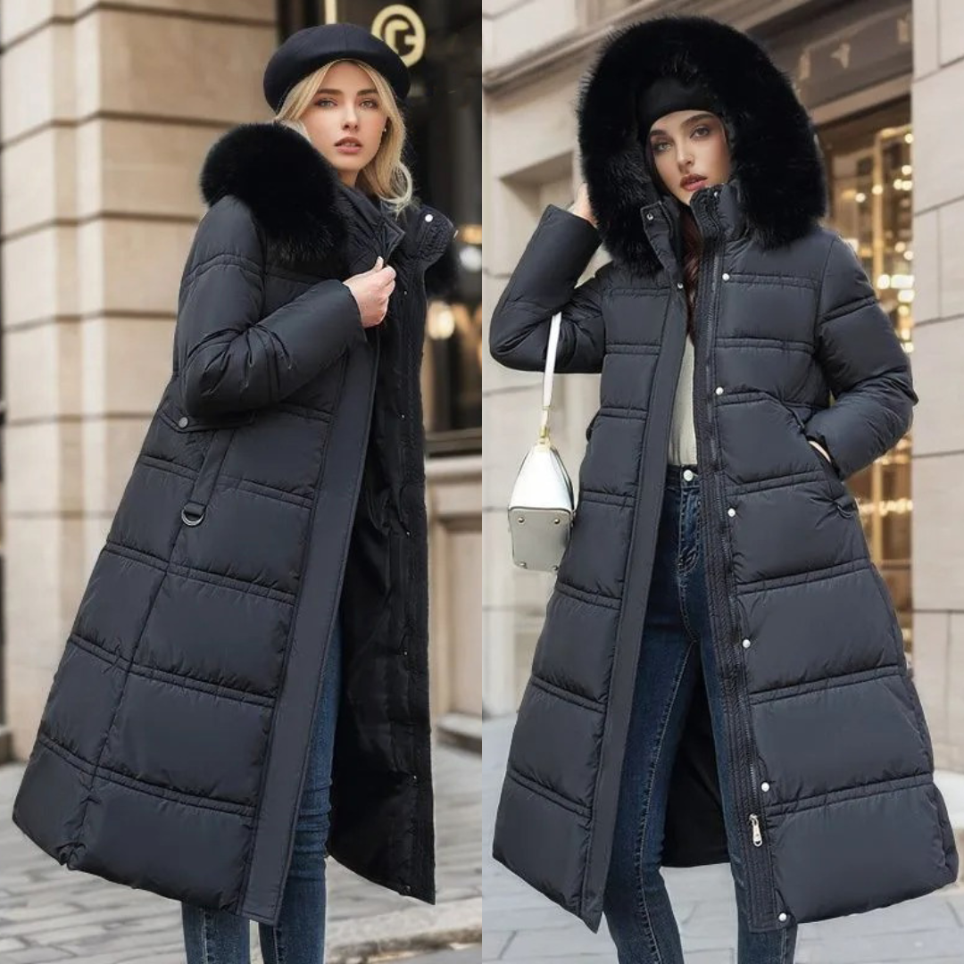 Fashionable women's faux fur coat, a must-have for cold weather, combining luxury with warmth.