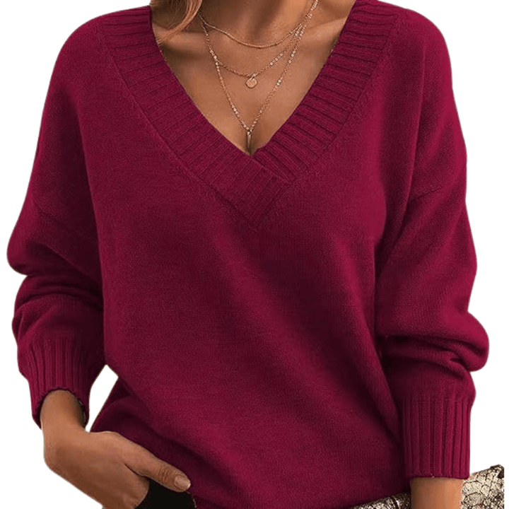 Warm winter wear: Women's V-neck cashmere sweater, soft elegant pullover, premium knit.