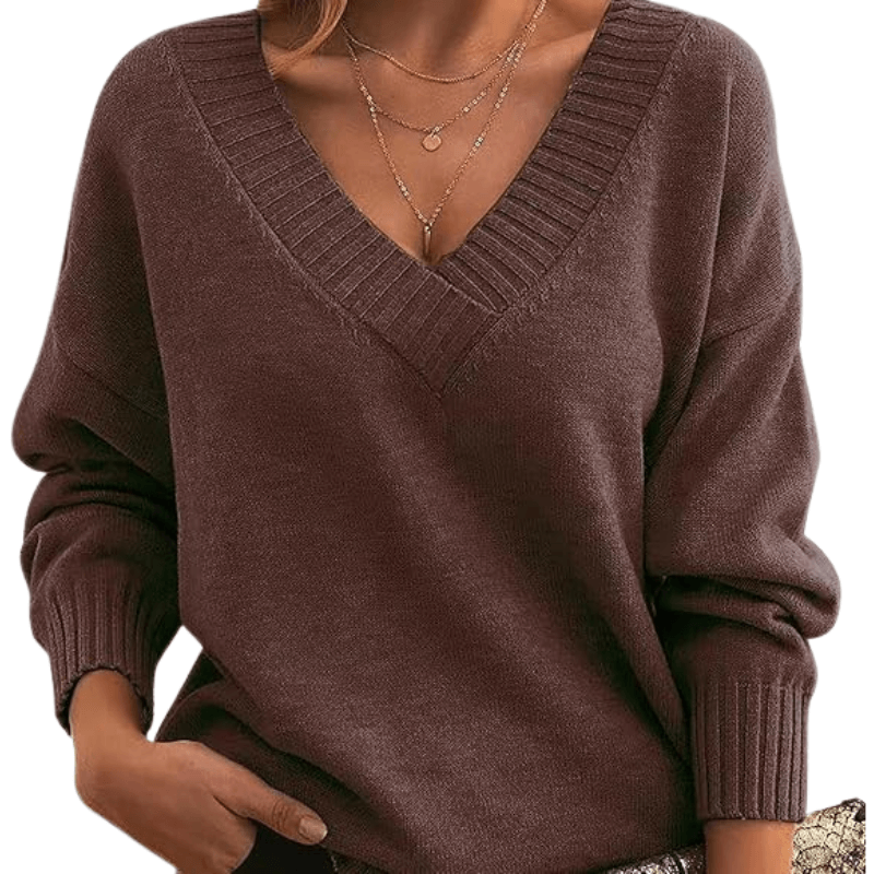 Elegant V-neck design on a women's luxurious cashmere sweater, soft and warm for fashion.